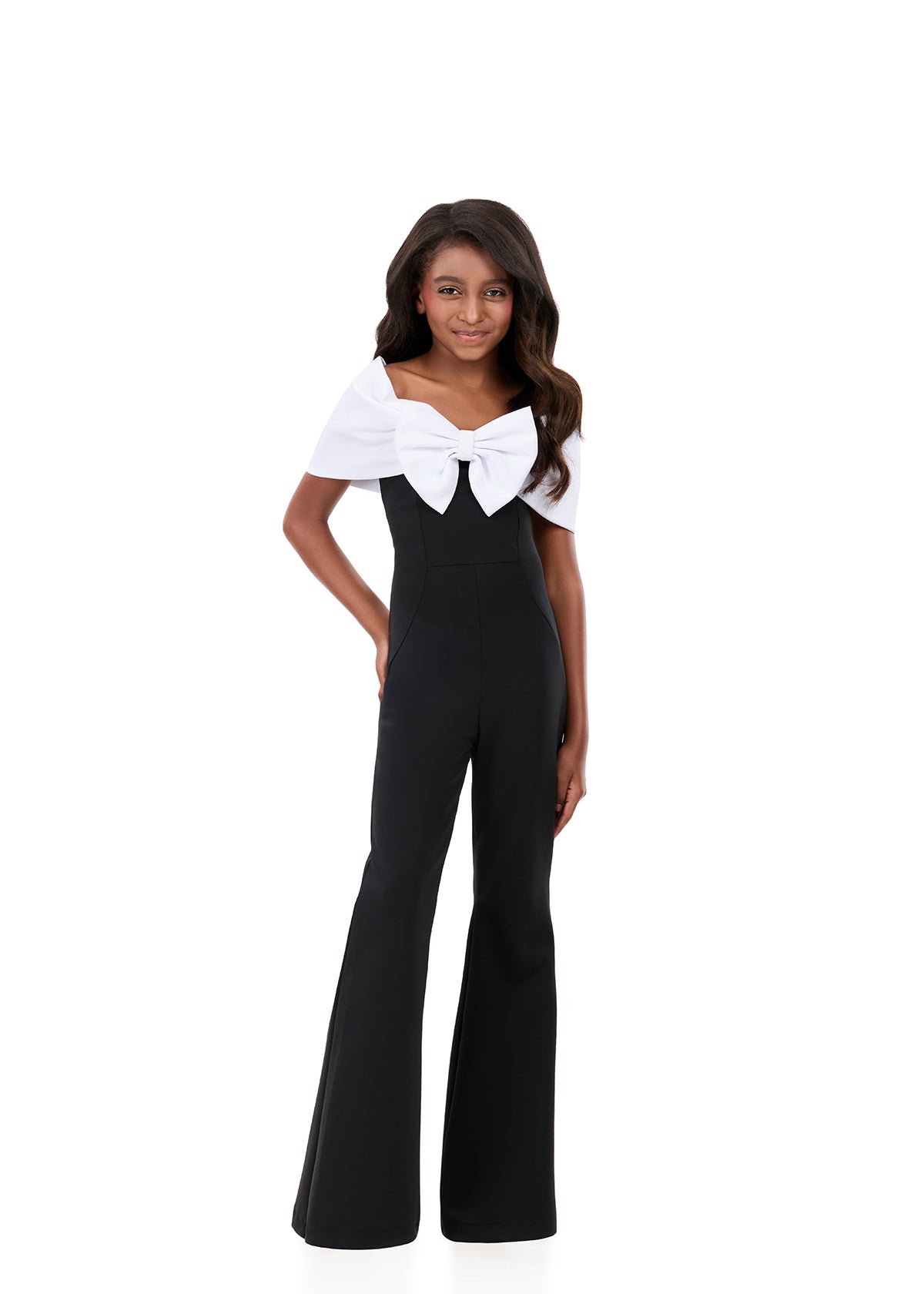 Ashleylauren 8372 kids Black White pageant jumpsuit bow neckline