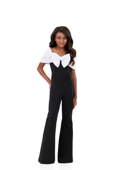 Ashleylauren 8372 kids Black White pageant jumpsuit bow neckline