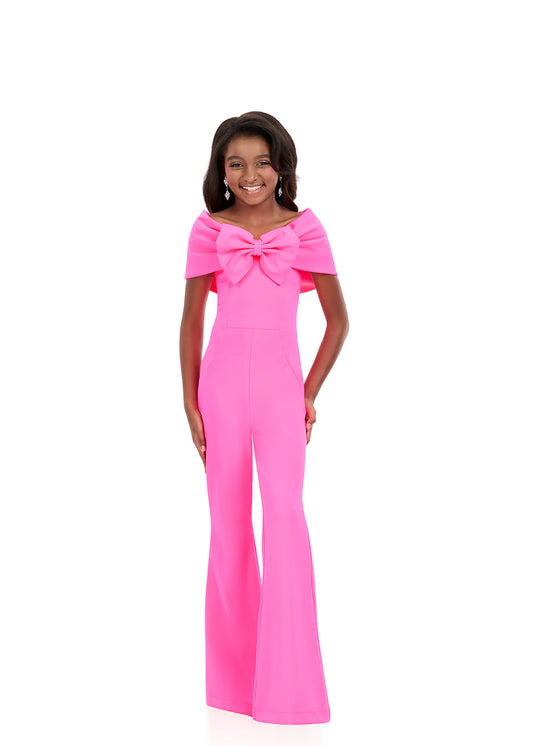 Ashleylauren 8372 kids hot pink pageant jumpsuit bow neckline