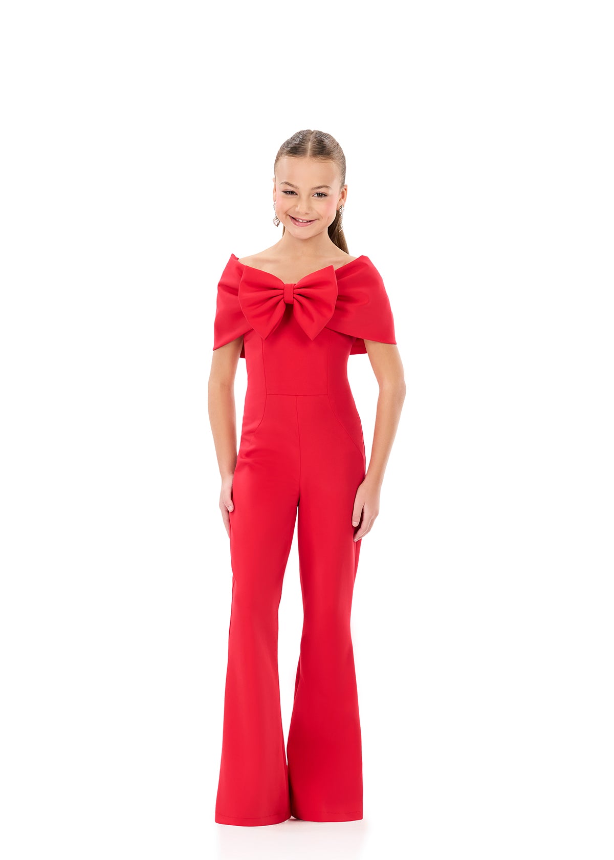 Ashleylauren 8372 kids red pageant jumpsuit bow neckline
