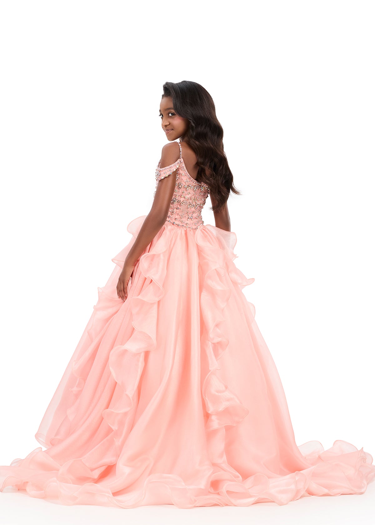 Ashleylauren 8376 Girls Blush Pageant Dress off the shoulder straps