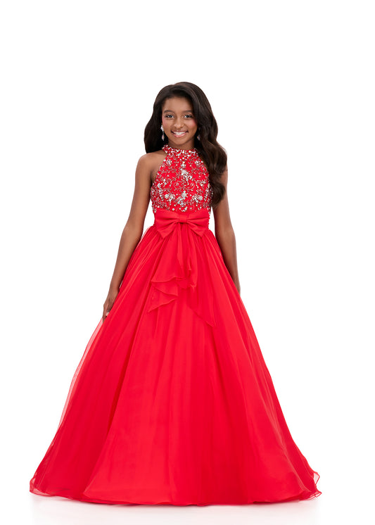 Ashleylauren 8377 Girls A Line Pageant Dress Halter Neckline Bow