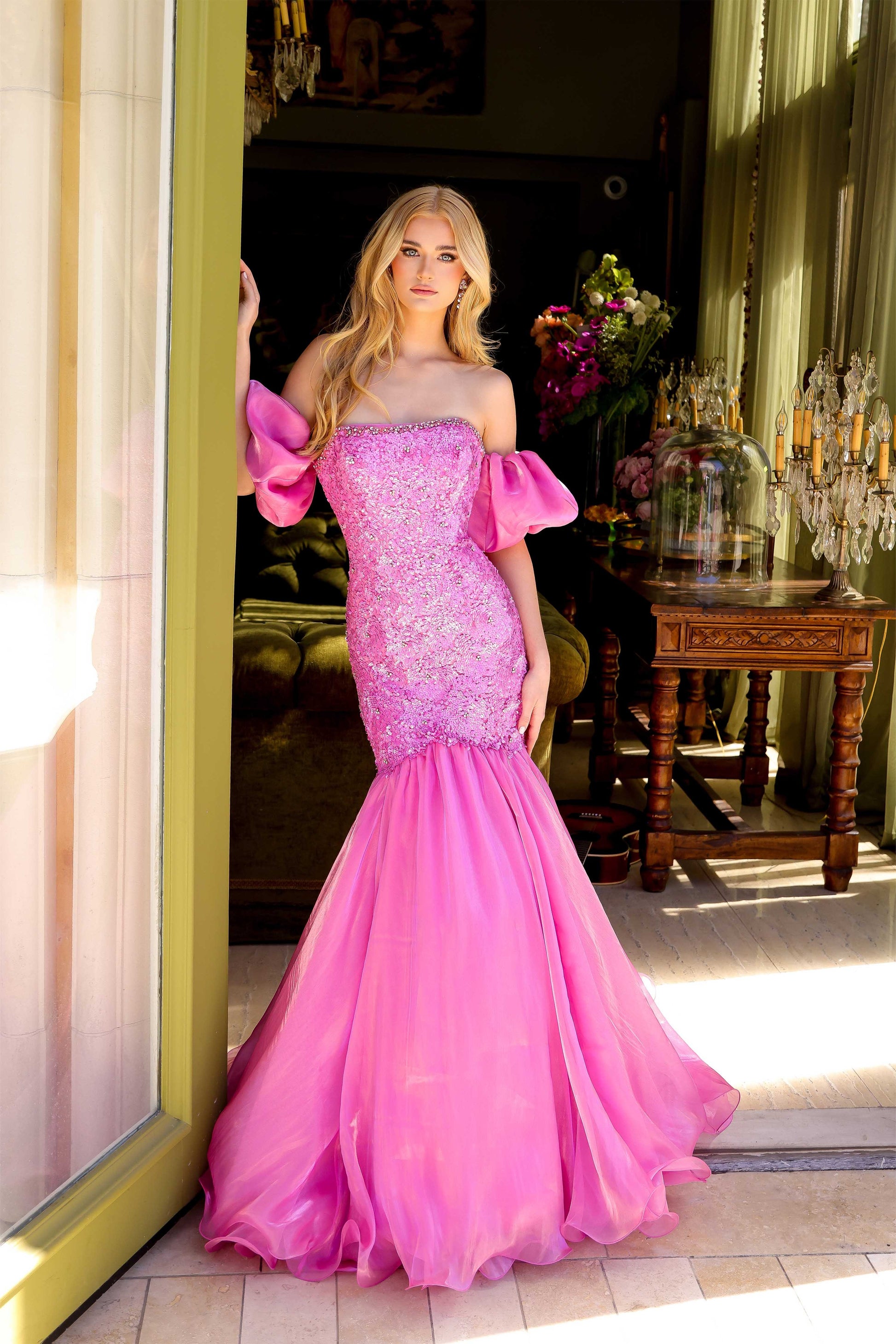 Ava Presley 39570 Mermaid Evening Gown Sequin puff sleeves straight ne Glass Slipper Formals Ava Presley 39570 Mermaid Evening Gown Sequin puff sleeves straight ne Glass Slipper Formals