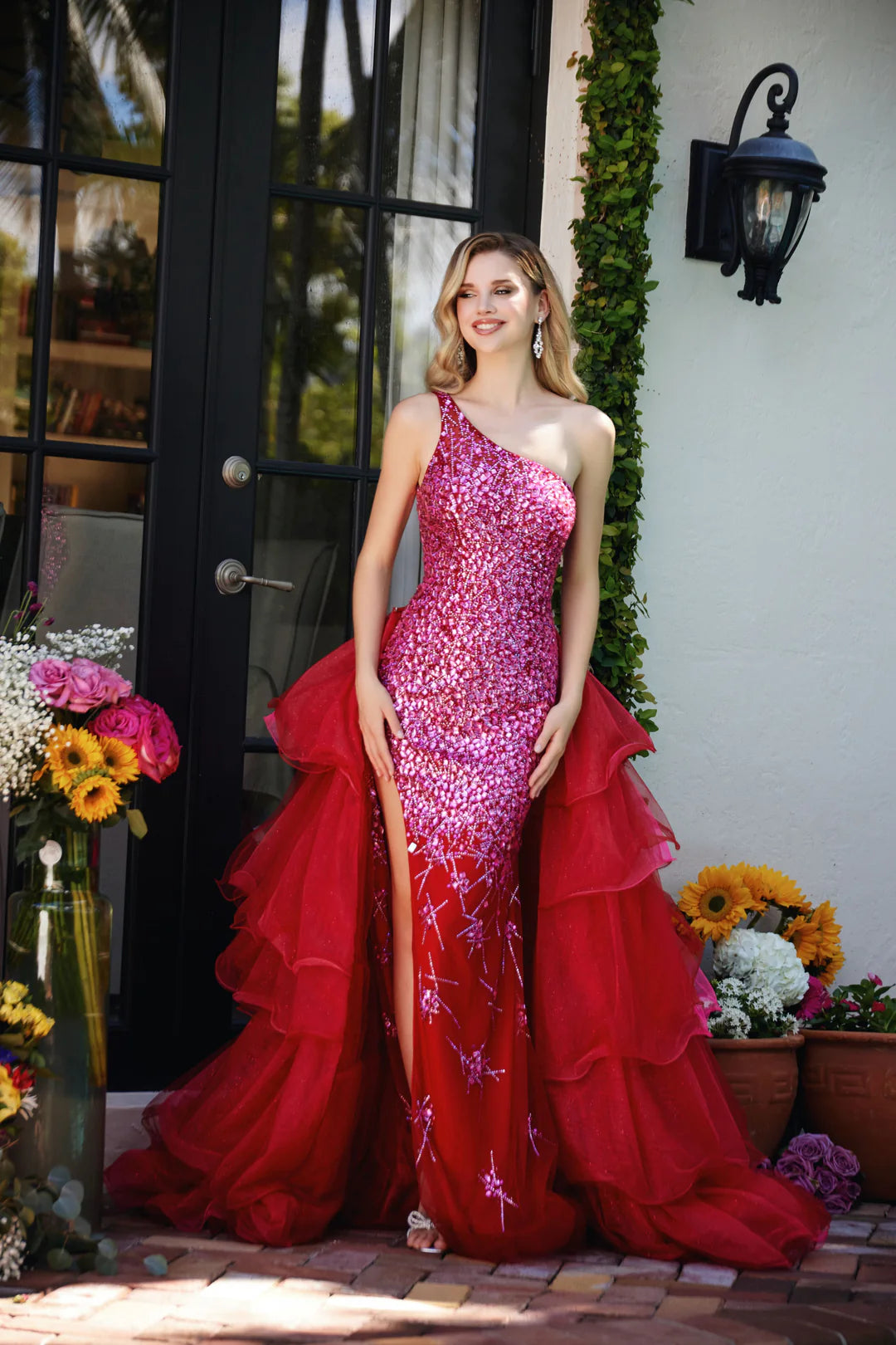 Ava Presley 29236 One Shoulder Sequin Pageant Dress Overskirt Layer Ruffle Train Formal Gown 6 / Magenta Ava Presley 29236 One Shoulder Sequin Pageant Dress Overskirt Layer Ruffle Train Formal Gown 6 / Magenta