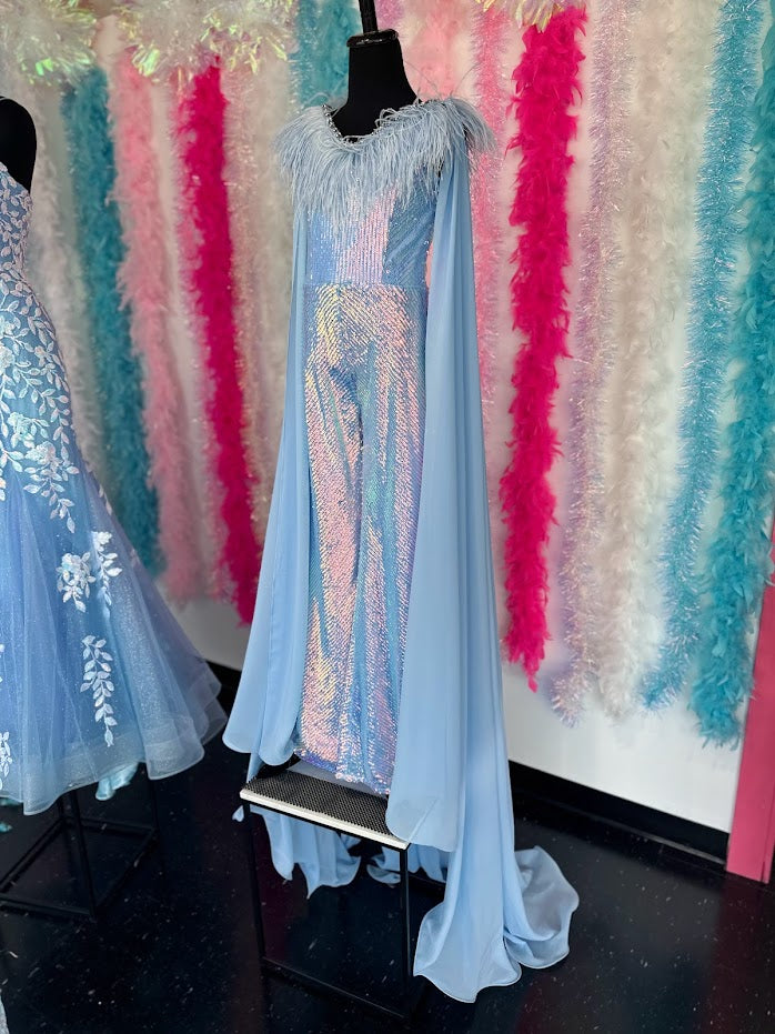 Ava Presley 38046 Long Sequin Jumpsuit is a delightfully fun fashion choice for girls. The detachable capes and feather bodice add playful panache for a statement-making look. The perfect pick for any occasion.  Sizes: 2-16  Colors: Red, Purple, White, Powder Blue