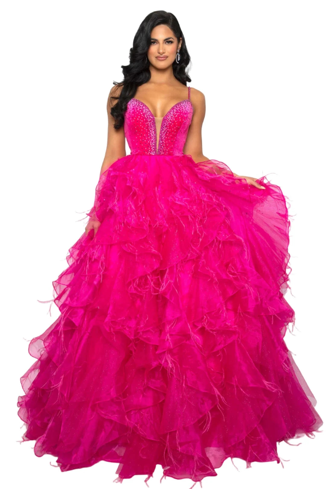 Ava Presley 39554 Size 0,4,8,12 Fuchsia Feather Velvet Dress A Line Ruffle Ballgown V Neck Formal Pageant Prom 12 / Fuchsia
