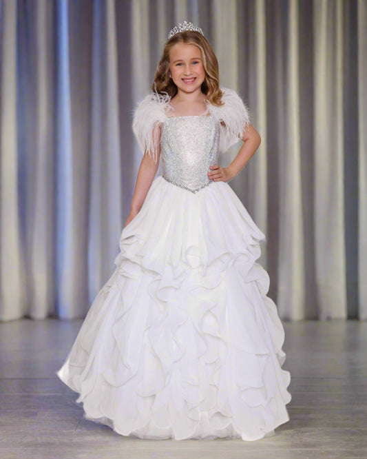 Ava Presley 38039 Size 12 White Feather Crystal Girls Pageant Dress Ruffle A Line Skirt Ball Gown