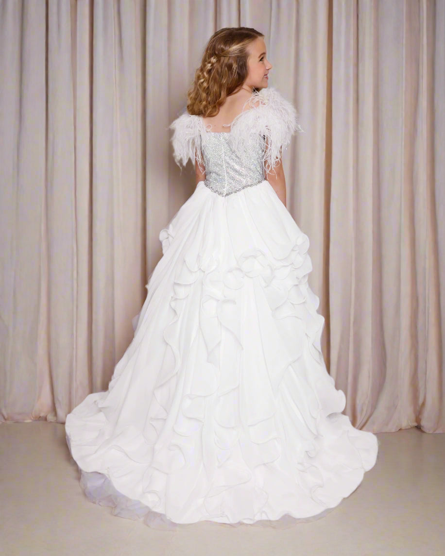 Ava Presley 38039 Size 12 White Feather Crystal Girls Pageant Dress Ruffle A Line Skirt Ball Gown