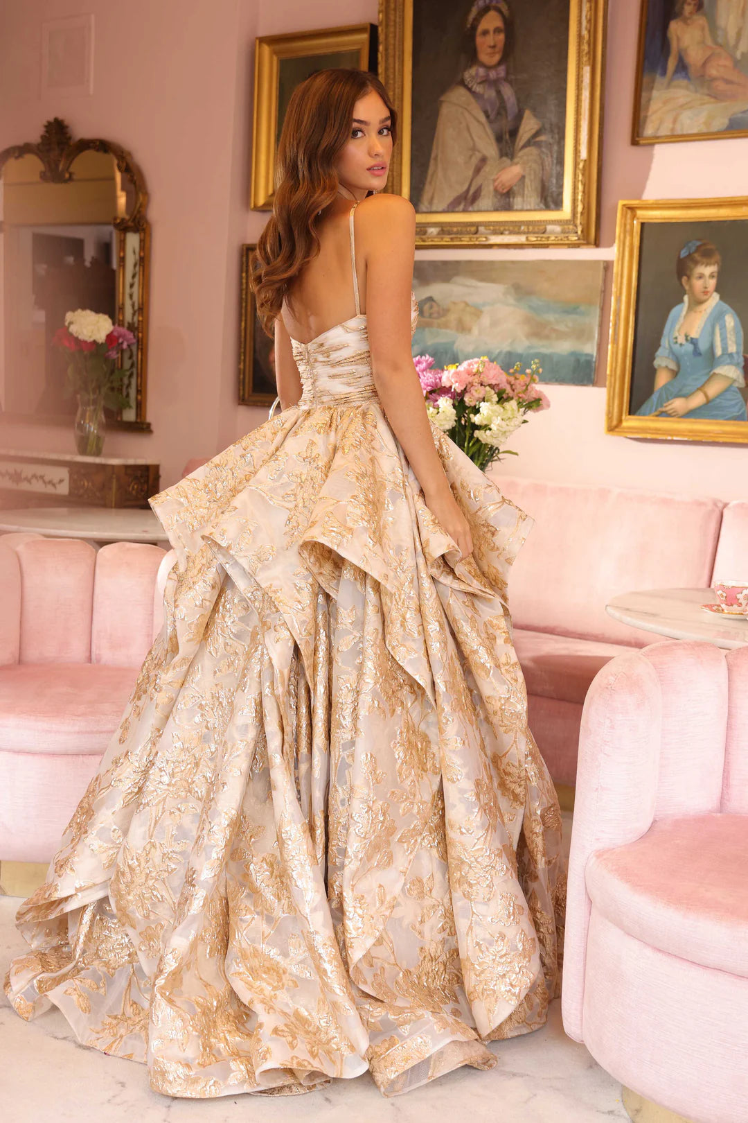 Ava Presley 40049 Metallic Brocade Ruffle Ballgown Prom Dress Cut out Ruched Formal Gown 14 / White/Gold Ava Presley 40049 Metallic Brocade Ruffle Ballgown Prom Dress Cut out Ruched Formal Gown 14 / White/Gold