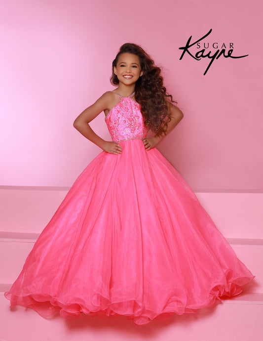 Sugar Kayne C143 Girls and Preteens Pageant Dress.&nbsp; This is a beautiful flowy organza pageant gown with embellished high neckline.&nbsp; This dress features an organza ruffle that flows down the back of the dress.

Colors: &nbsp;Hot Pink, Magenta, Red, Royal, White, Yellow

Sizes:&nbsp; 2-16

(Sizes 2-6 do not have bust cups, Sizes 8-16 will have preteen size bust cups)

Fabric:&nbsp; Satin, Organza, Stretch Lace