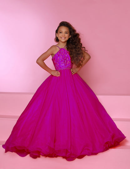 Sugar Kayne C143 Girls and Preteens Pageant Dress.&nbsp; This is a beautiful flowy organza pageant gown with embellished high neckline.&nbsp; This dress features an organza ruffle that flows down the back of the dress.

Colors: &nbsp;Hot Pink, Magenta, Red, Royal, White, Yellow

Sizes:&nbsp; 2-16

(Sizes 2-6 do not have bust cups, Sizes 8-16 will have preteen size bust cups)

Fabric:&nbsp; Satin, Organza, Stretch Lace