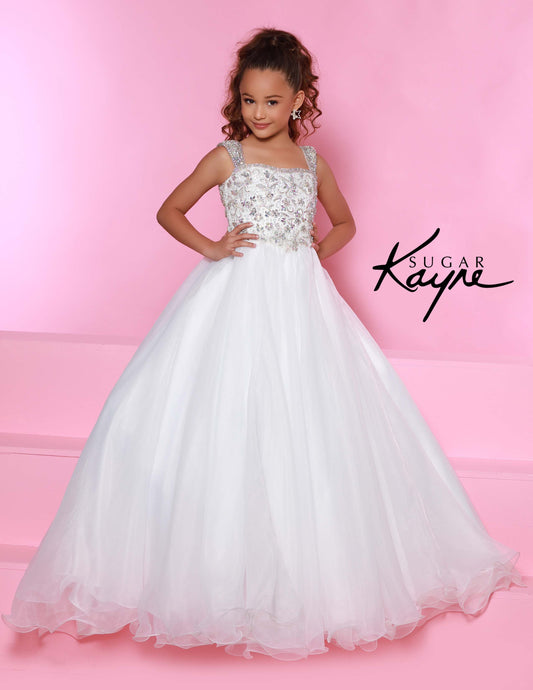 Sugar Kayne C146 Girls Pageant Dress.&nbsp; This lush pageant ballgown is made of flowy organza fabric.&nbsp; The top is embellished with semi sweetheart neckline and cap sleeves.&nbsp; Float on the stage in this full flowy pageant ballgown for girls and preteens.

Colors:&nbsp; Barbie Pink, Orange, Periwinkle, Royal, Turquoise, White

Sizes:&nbsp; 2-16

(Sizes 2-6 do not have bust cups, Sizes 8-16 will have preteen size bust cups)

Fabric:&nbsp; Organza, Mesh, Stretch Lining&nbsp;