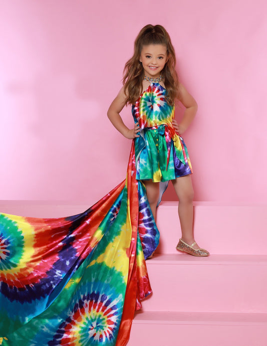 Sugar Kayne C159 is a two piece fun fashion Tie Dye Girls Pageant Wear Featuring an embellished choker high neckline flowing into a long train.  Colors:  Tie Dye  Sizes:  2-16  (Sizes 2-6 do not have bust cups, Sizes 8-16 will have preteen size bust cups)