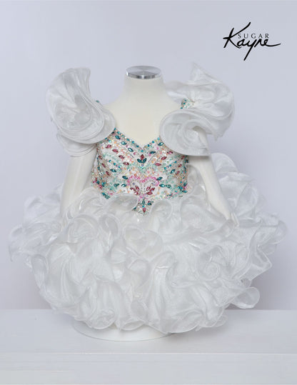 Sugar Kayne C232 Girls Pageant Cupcake Dress Crystal Bodice Ruffle Shoulders