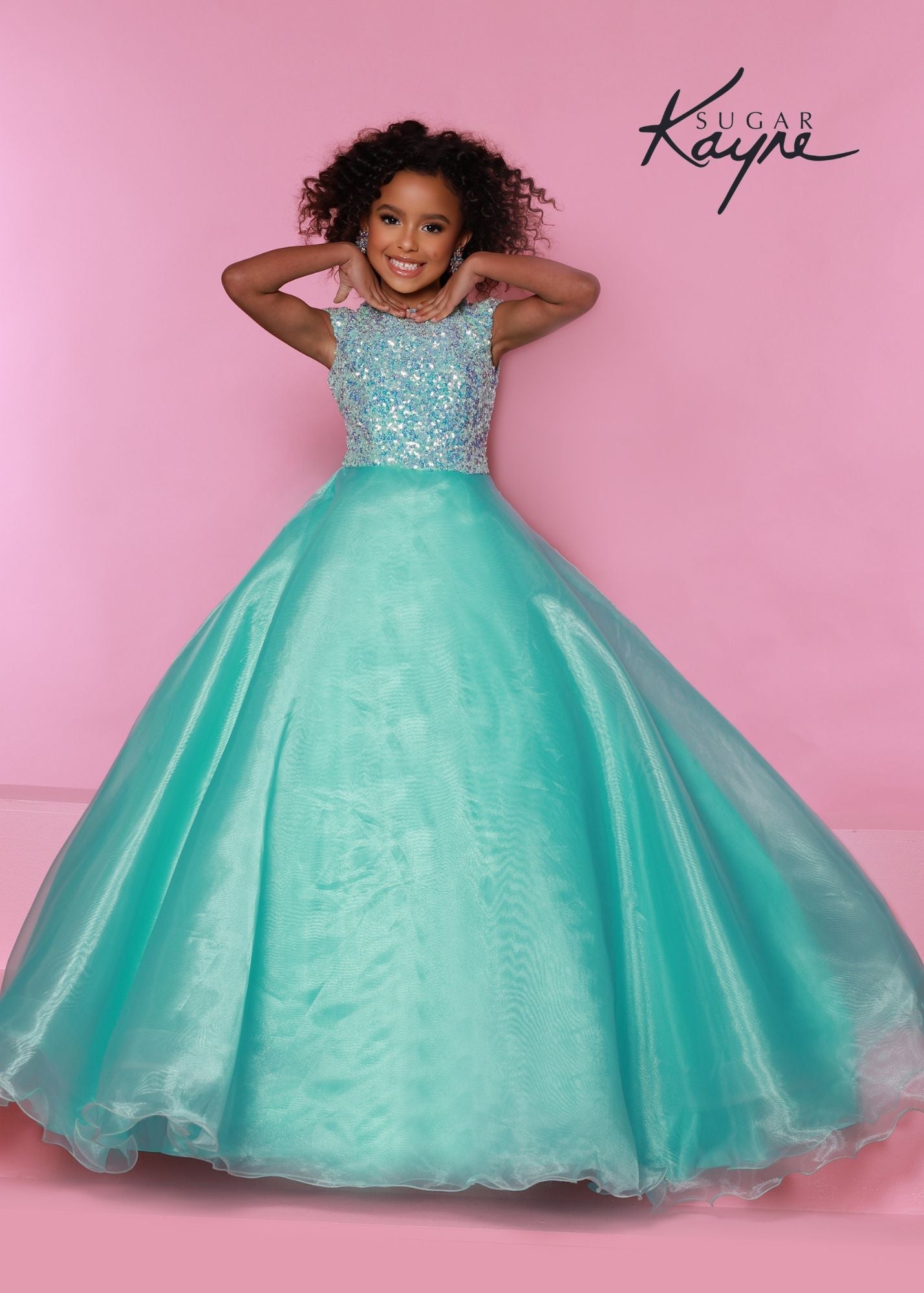Sugar Kayne C308 Girls Long Sequin Ballgown Backless Pageant Dress High Neck Gown Cap Sleeve Product Details Brillant. Bold. Unforgettable. Be unforgettable at your next pageant in this sequin mesh bodice and shimmer chiffon skirt. The adorable keyhole back makes this look complete!  Color Aqua, Bubblegum, Lilac, White  Size 2, 4, 6, 8, 10, 12, 14, 16  Fabric Sequin Mesh, Stretch Lining, Shimmer Chiffon