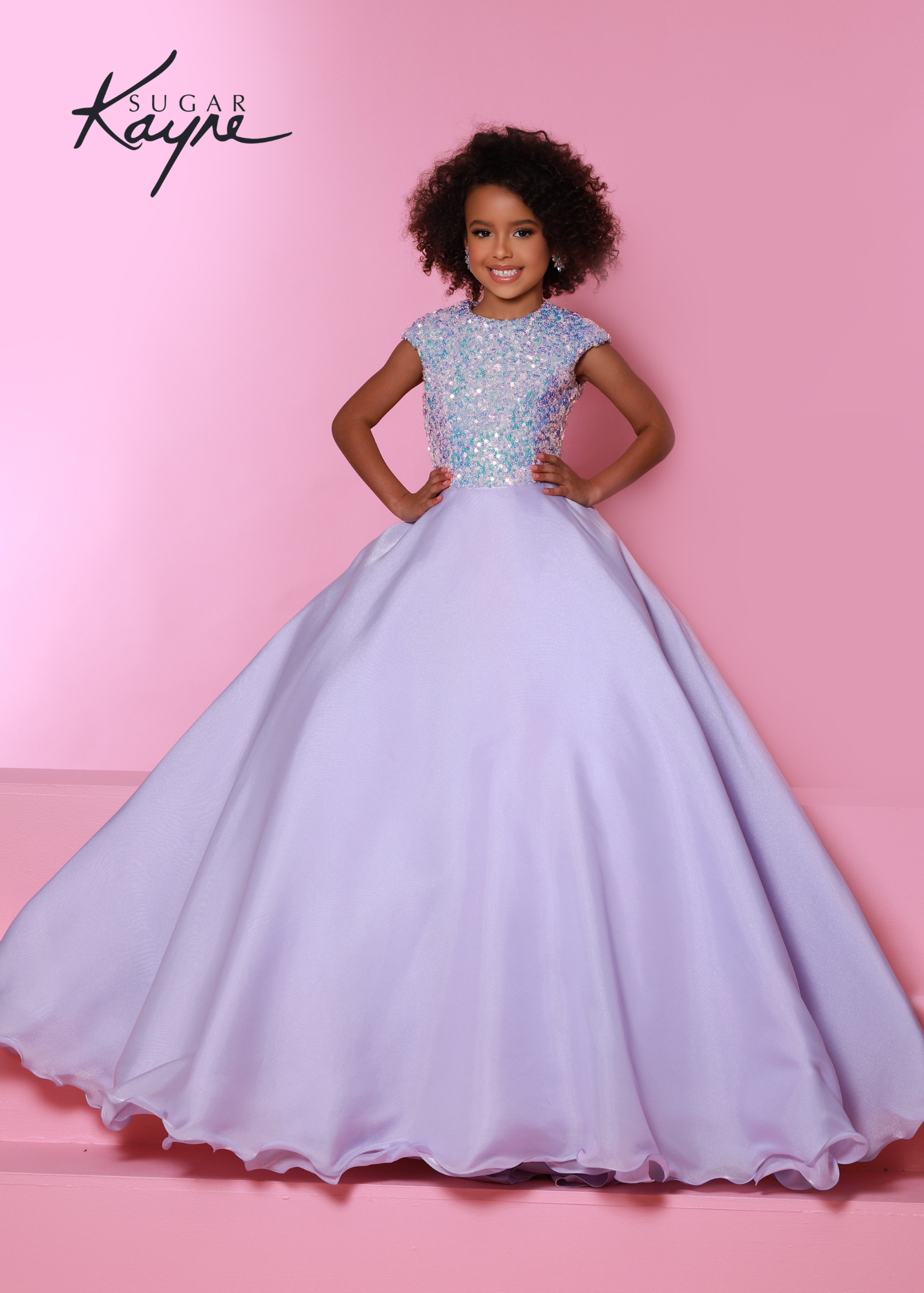 Sugar Kayne C308 Girls Long Sequin Ballgown Backless Pageant Dress High Neck Gown Cap Sleeve Product Details Brillant. Bold. Unforgettable. Be unforgettable at your next pageant in this sequin mesh bodice and shimmer chiffon skirt. The adorable keyhole back makes this look complete!  Color Aqua, Bubblegum, Lilac, White  Size 2, 4, 6, 8, 10, 12, 14, 16  Fabric Sequin Mesh, Stretch Lining, Shimmer Chiffon