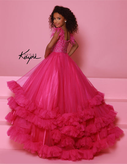 Sugar Kayne C327 features a fashionable pageant dress for girls and preteens, complete with feather straps, a tiered ruffle bottom, and a crystal stone bodice.&nbsp;Stand out and feel confident on stage! This tulle ballgown features ostrich feathers on the shoulders, a beaded bodice, and tiered skirt to show off your personality!

Colors:&nbsp; Aqua, Bubblegum, White, Magenta

Sizes:&nbsp;&nbsp;2, 4, 6, 8, 10, 12, 14, 16

(Sizes 2-6 do not have bust cups, Sizes 8-16 will have preteen size bust cups)