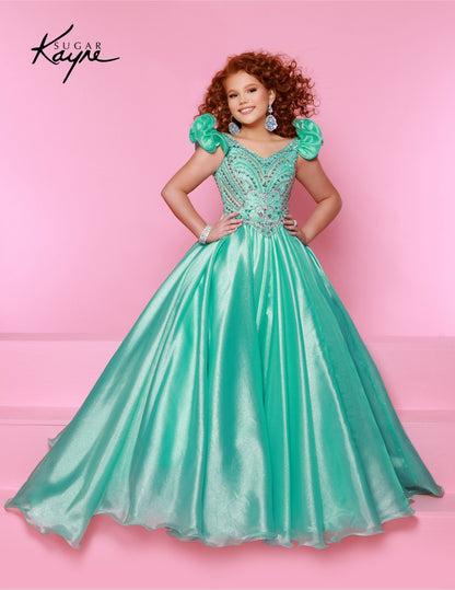 Bring out her inner beauty with this Sugar Kayne C334 Girls Pageant Dress. This luxurious dress is made from iridescent organza and features a sweetheart neckline and long ball gown skirt. Perfect for any special occasion.&nbsp;Transform into a twinkling starlet with this Metallic Organza Gown. The beaded bodice adds a touch of sparkle to this enchanting ensemble. The delicate ruffle sleeves create a charming look!

Color:&nbsp;Hot Pink Multi, Mint Multi, White Multi, Purple Multi

Size:&nbsp;2, 4, 6, 8, 10