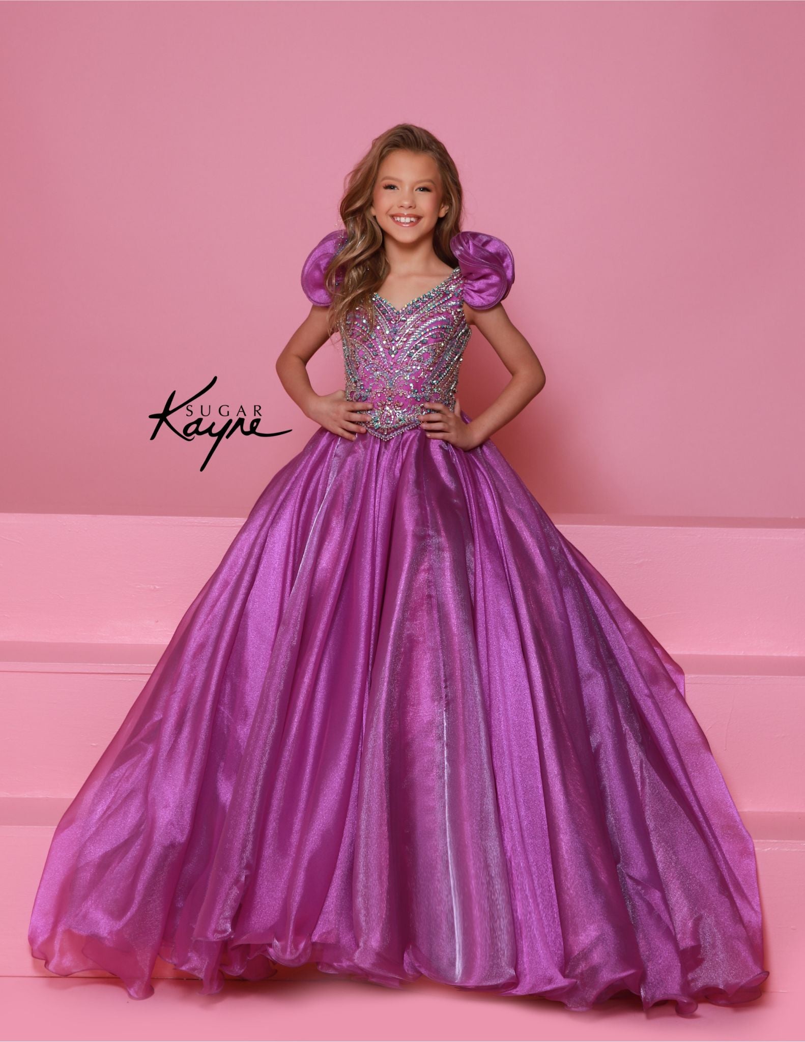 metallic girls dress Sugar Kayne C334 Girls Pageant Dress Metallic Organza Gown Beaded Bodice Ruffle Sleeve 16 / Purple Multi