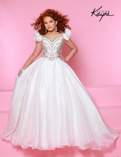 Bring out her inner beauty with this Sugar Kayne C334 Girls Pageant Dress. This luxurious dress is made from iridescent organza and features a sweetheart neckline and long ball gown skirt. Perfect for any special occasion.&nbsp;Transform into a twinkling starlet with this Metallic Organza Gown. The beaded bodice adds a touch of sparkle to this enchanting ensemble. The delicate ruffle sleeves create a charming look!

Color:&nbsp;Hot Pink Multi, Mint Multi, White Multi, Purple Multi

Size:&nbsp;2, 4, 6, 8, 10