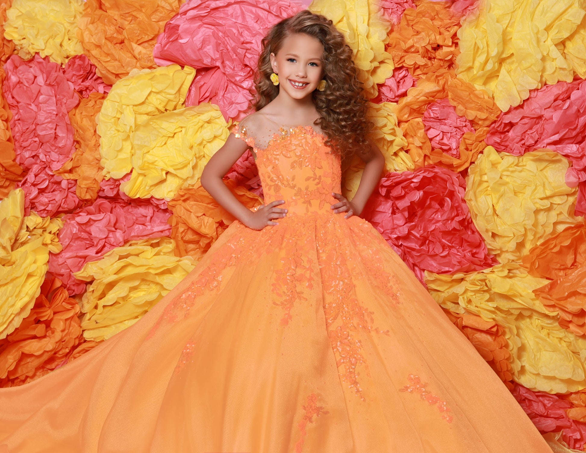 Look sharp and sparkly in the Sugar Kayne C336 long pageant dress. Constructed with a luxurious sequin mesh material, this dress ensures a glamorous touch while remaining lightweight and comfortable. The perfect choice for any event, its full-length skirt provides an elegant look that is sure to make heads turn.&nbsp;Dazzle and delight in our Sequin Mesh and Shimmer Organza Ballgown! This enchanting gown will twinkle and shine at any pageant.

Color:&nbsp;Blue Raspberry, Cotton Candy, Tangerine

Size:&nbsp;