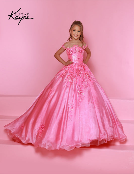Look sharp and sparkly in the Sugar Kayne C336 long pageant dress. Constructed with a luxurious sequin mesh material, this dress ensures a glamorous touch while remaining lightweight and comfortable. The perfect choice for any event, its full-length skirt provides an elegant look that is sure to make heads turn.&nbsp;Dazzle and delight in our Sequin Mesh and Shimmer Organza Ballgown! This enchanting gown will twinkle and shine at any pageant.

Color:&nbsp;Blue Raspberry, Cotton Candy, Tangerine

Size:&nbsp;