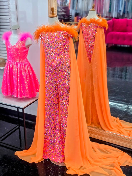 Introducing Sugar Kayne C346 Girls Jumpsuit, made with comfortable bell bottoms and covered top with beautiful feathers and sequins. With shimmery fashion, this is the perfect outfit for an eye-catching pageant look.&nbsp;Create a world of fun and feathers in this Sequin Stretch Mesh Jumpsuit. The dazzling sequins, dramatic cape, and feathered flair put the FUN in Fun Fashion!

Color:&nbsp;Mango Tango

Size:&nbsp;6

Fabric:&nbsp;Sequin Stretch Mesh, Stretch Lining, Poly Chiffon

(Sizes 2-6 do not have bust 