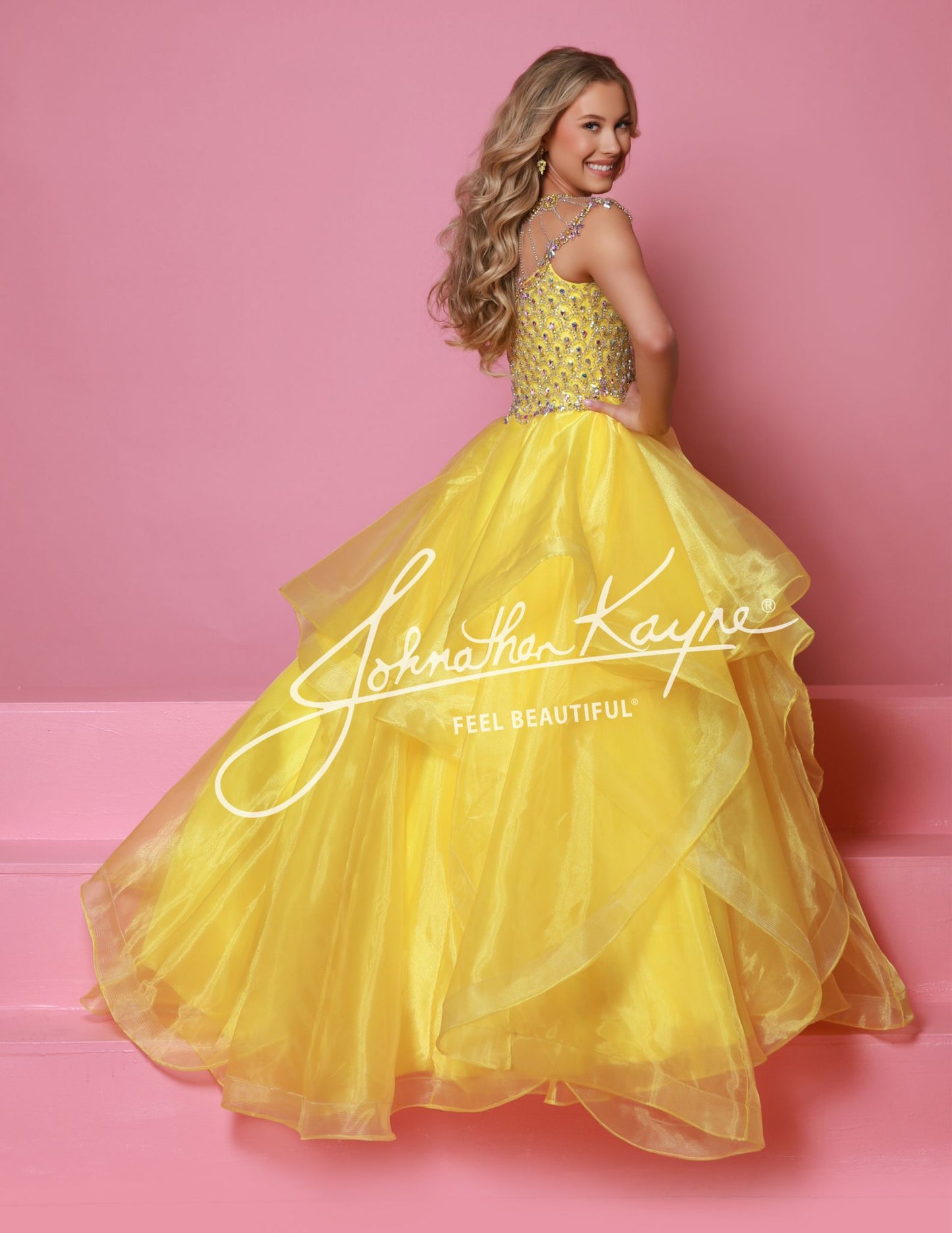 Sugar Kayne C354&nbsp; This high-quality girls' pageant ballgown from Sugar Kayne boasts an embellished bodice, a high crystal neckline, and a layered organza long skirt with horsehair trim. Perfect for making a statement on stage, this dress exudes elegance and sophistication. Walk with confidence and grace in this stunning piece.

Colors:&nbsp; Barbie Pink, Daffodil, Jade, Turquoise

Sizes:&nbsp; 2-16