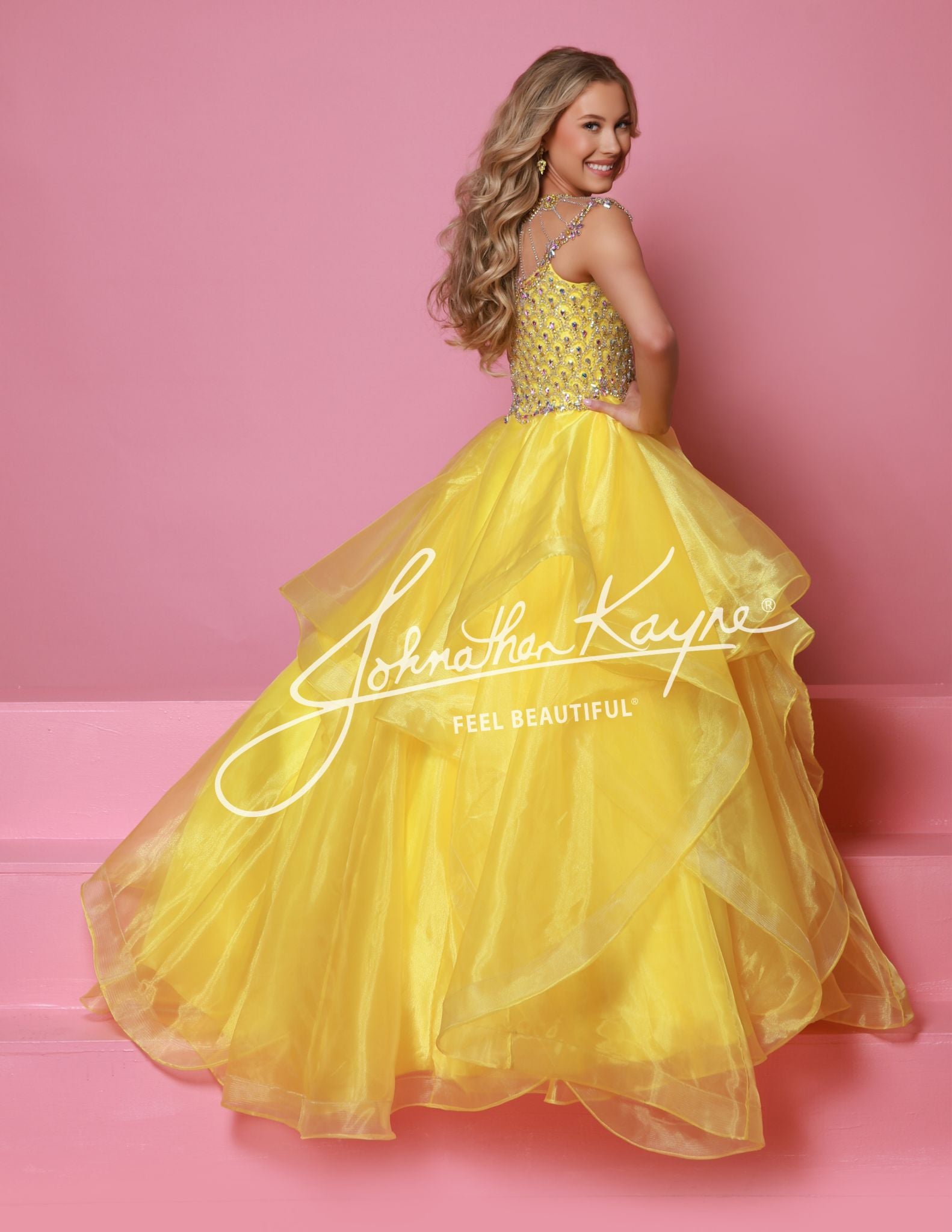 Sugar Kayne C354&nbsp; This high-quality girls' pageant ballgown from Sugar Kayne boasts an embellished bodice, a high crystal neckline, and a layered organza long skirt with horsehair trim. Perfect for making a statement on stage, this dress exudes elegance and sophistication. Walk with confidence and grace in this stunning piece.

Colors:&nbsp; Barbie Pink, Daffodil, Jade, Turquoise

Sizes:&nbsp; 2-16