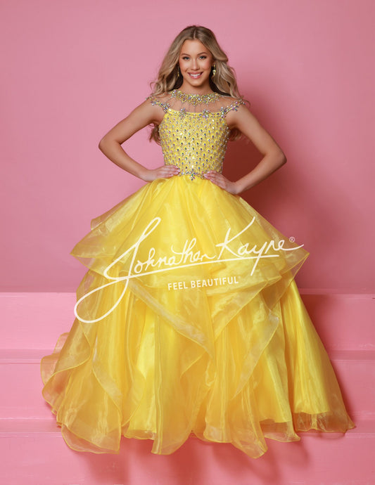 Sugar Kayne C354&nbsp; This high-quality girls' pageant ballgown from Sugar Kayne boasts an embellished bodice, a high crystal neckline, and a layered organza long skirt with horsehair trim. Perfect for making a statement on stage, this dress exudes elegance and sophistication. Walk with confidence and grace in this stunning piece.

Colors:&nbsp; Barbie Pink, Daffodil, Jade, Turquoise

Sizes:&nbsp; 2-16