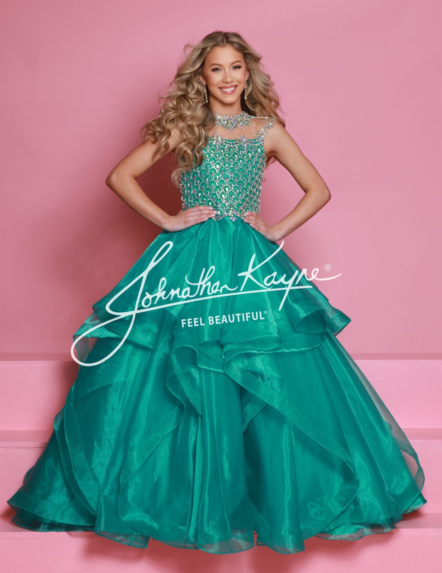 Sugar Kayne C354&nbsp; This high-quality girls' pageant ballgown from Sugar Kayne boasts an embellished bodice, a high crystal neckline, and a layered organza long skirt with horsehair trim. Perfect for making a statement on stage, this dress exudes elegance and sophistication. Walk with confidence and grace in this stunning piece.

Colors:&nbsp; Barbie Pink, Daffodil, Jade, Turquoise

Sizes:&nbsp; 2-16
