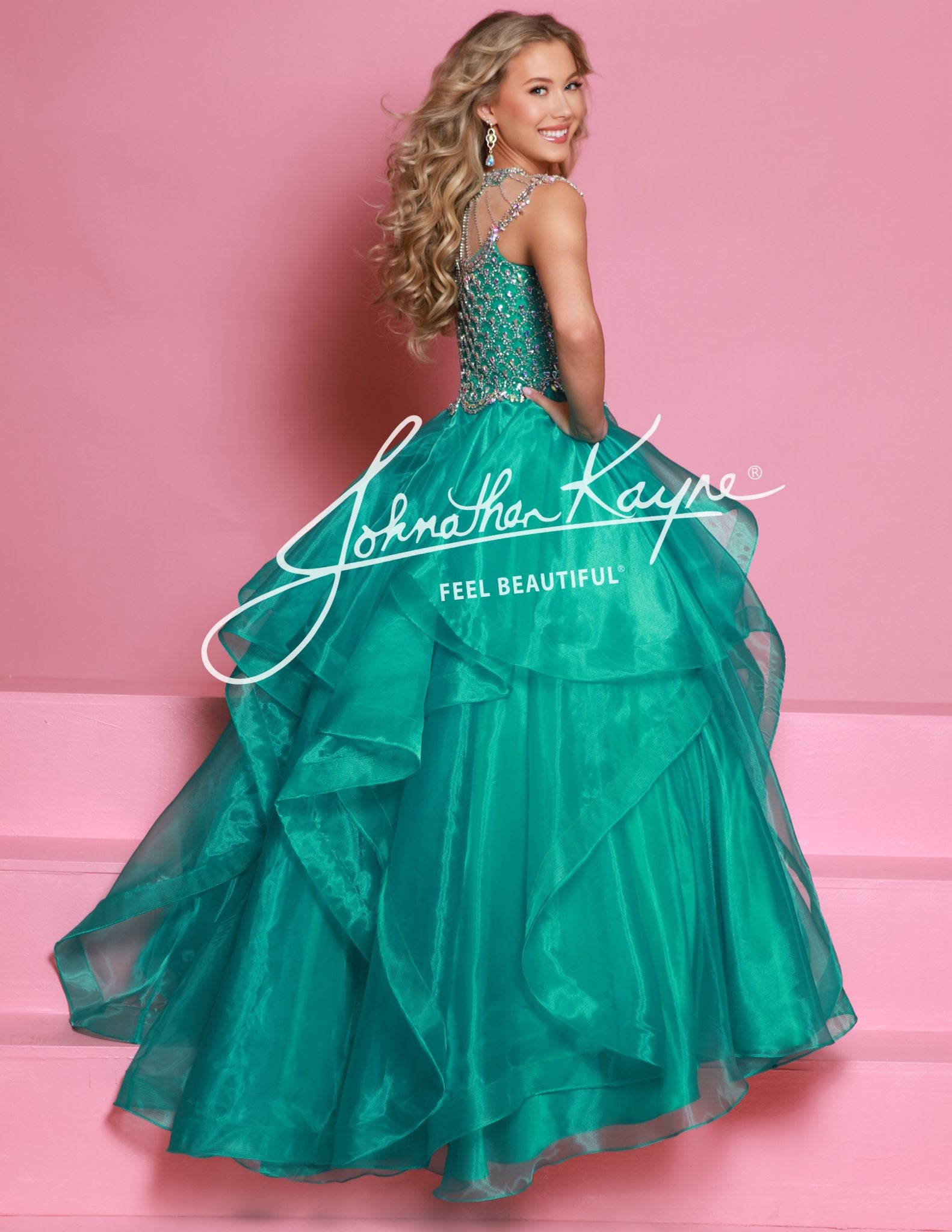 Sugar Kayne C354&nbsp; This high-quality girls' pageant ballgown from Sugar Kayne boasts an embellished bodice, a high crystal neckline, and a layered organza long skirt with horsehair trim. Perfect for making a statement on stage, this dress exudes elegance and sophistication. Walk with confidence and grace in this stunning piece.

Colors:&nbsp; Barbie Pink, Daffodil, Jade, Turquoise

Sizes:&nbsp; 2-16