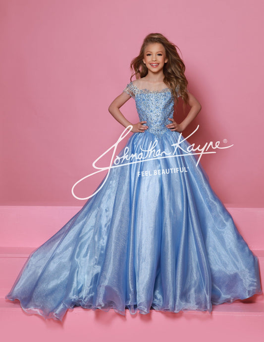 Get ready to dazzle in this Sugar Kayne C357 girls organza ballgown! With an off the shoulder design, long wire hem skirt, and crystal bodice, this dress is fit for a princess. The perfect combination of beauty and elegance, this gown will make you stand out at any special occasion. This Sugar Kayne C357 Girls Pageant Dress is a stunning ballgown that will make your little girl stand out on stage. The off the shoulder design and fringe detailing add a touch of glamour, while the shimmer fabric gives the dre