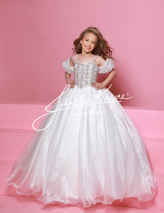 Dazzle on stage with the Sugar Kayne C359 pageant ballgown dress. Featuring a sweetheart neckline, puff sleeves, and spaghetti straps, this dress will make you stand out. With an embellished bodice and a glitter tulle and organza long skirt, you'll sparkle and shine like a true pageant queen.

Colors:&nbsp; Capri Blue, Rose Pink, White, Purple, Red

Sizes:&nbsp; 2-16