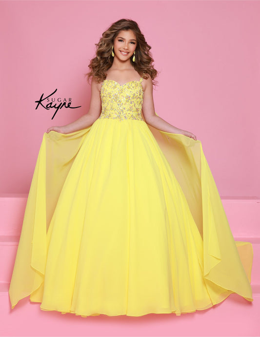 Experience the epitome of grace and sophistication with the Sugar Kayne C368 Chiffon Cape Girls Pageant Dress. Adorned with delicate crystal sequins and a stunning bodice, this ballgown is sure to make a lasting impression. The chiffon cape adds a touch of elegance and the perfect finishing touch. Perfect for teenagers looking for a show-stopping dress. Be simply stunning at your next pageant in this exquisite poly chiffon dress. Designed with beaded straps and a bodice that exudes winner-worthy elegance, i