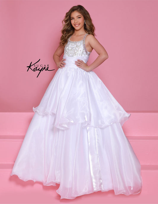 Experience the ultimate in luxury and style with the Sugar Kayne C378 Shimmer Girls Pageant Dress. The A Line Layer design is enhanced with a beaded bodice and a train for added drama. The high neck adds a touch of elegance, making this dress perfect for any pageant or formal event. Embrace your inner star with this show-stopping mirror organza ballgown. The sophisticated, beaded neckline and shimmering fabric ensure you’ll mesmerize the judges with your poise and elegance.

Sizes: 2-16

Colors: Cherry, Mag
