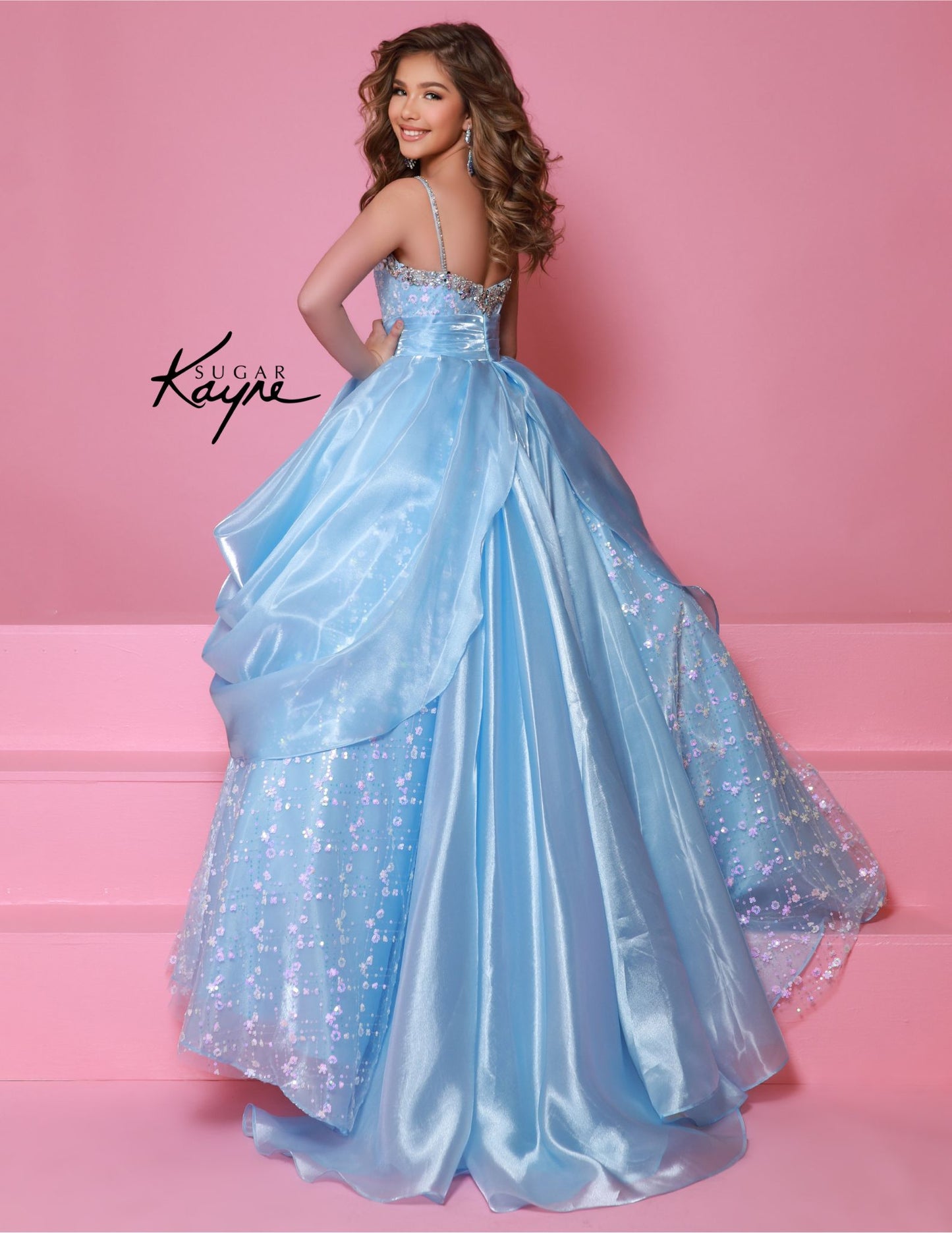 Sugar Kayne C385 children's pageant ball gown mirror organza sweetheart neckline crystal