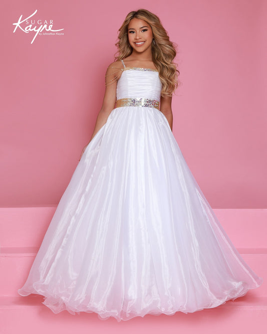 Designer: Sugar Kayne — Style C401
Sugar Kayne style C401 is a classic girls pageant dress with layered organza and a smooth satin lining for beautiful volume and shine. The full skirt and refined bodice give this gown timeless pageant appeal, making it ideal for everything from local titles to national stages.

Sizes: 2–16
Colors: Cotton Candy, Jade, White/Gold