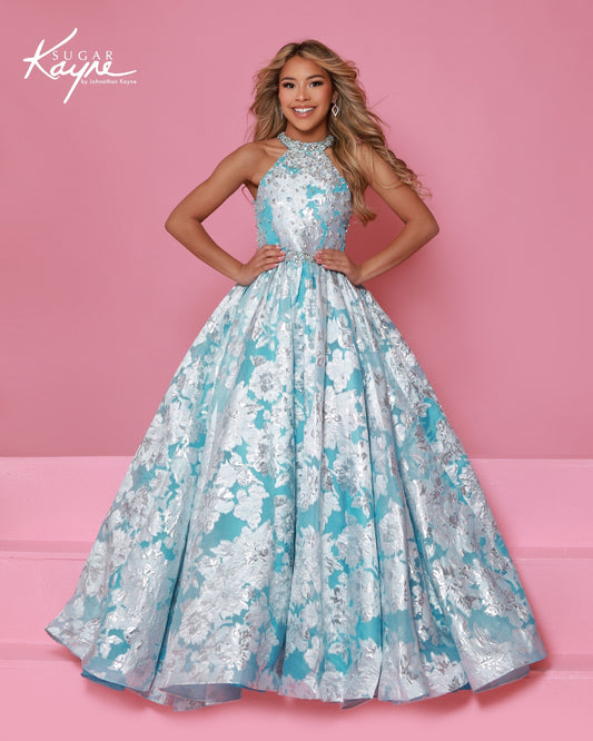 Designer: Sugar Kayne — Style C404
Sugar Kayne style C404 is a classic girls pageant dress with layered organza and a smooth satin lining for beautiful volume and shine. The full skirt and refined bodice give this gown timeless pageant appeal, making it ideal for everything from local titles to national stages.

Sizes: 2–16
Colors: Metallic Blue, Metallic Pink