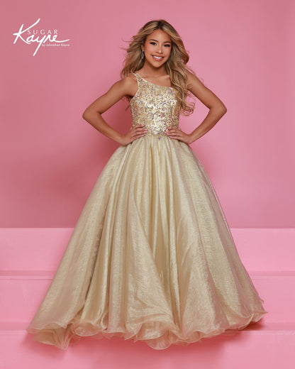 Designer: Sugar Kayne — Style C407
Sugar Kayne style C407 is a classic girls pageant dress with layered organza and a smooth satin lining for beautiful volume and shine. The full skirt and refined bodice give this gown timeless pageant appeal, making it ideal for everything from local titles to national stages.

Sizes: 2–16
Colors: Gold, Turquoise