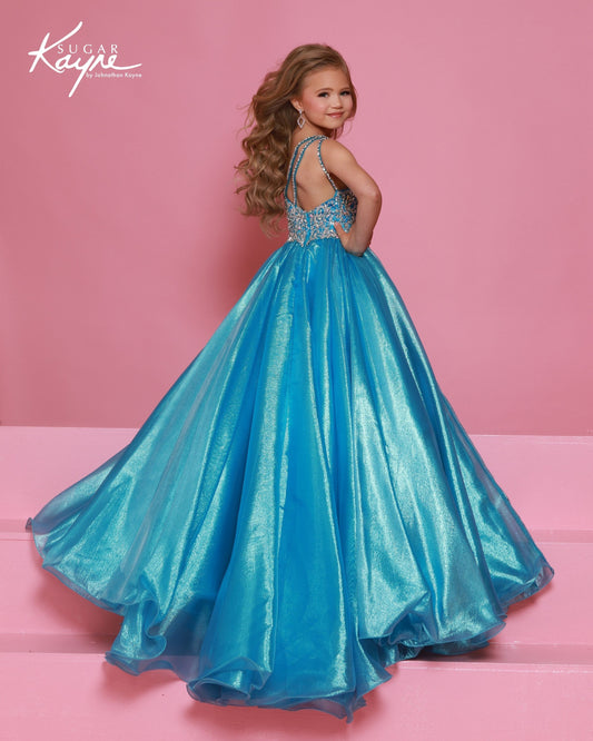 Designer: Sugar Kayne — Style C407
Sugar Kayne style C407 is a classic girls pageant dress with layered organza and a smooth satin lining for beautiful volume and shine. The full skirt and refined bodice give this gown timeless pageant appeal, making it ideal for everything from local titles to national stages.

Sizes: 2–16
Colors: Gold, Turquoise