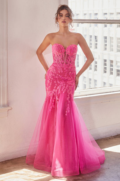 Ladivine CB139 Sheer Corset Shimmer Mermaid Sequin Prom Dress Strapless Formal Gown 8 / Hot Pink