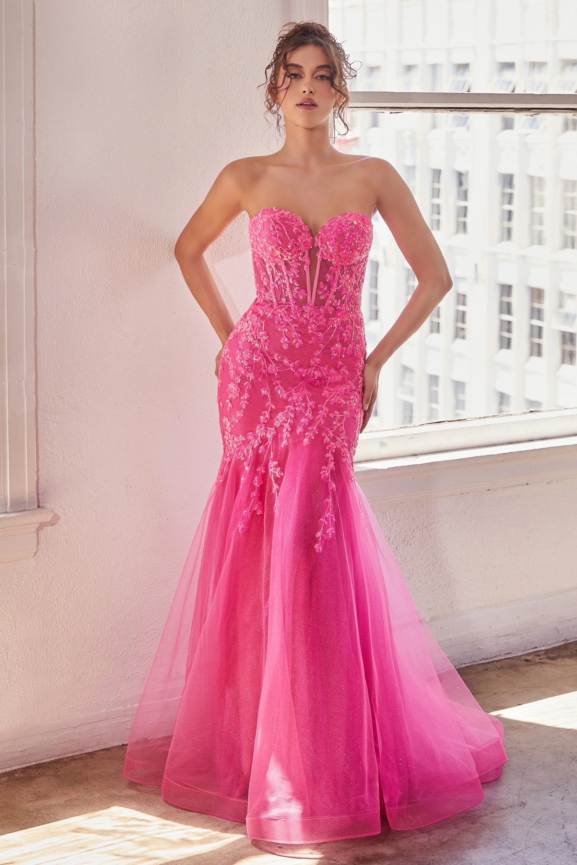 Ladivine CB139 Size 4 Hot Pink Sheer Corset Shimmer Mermaid Sequin Prom  Dress Strapless Formal Gown
