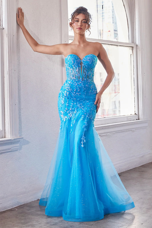The Ladivine CB139 prom dress boasts a sheer corset bodice that adds a hint of allure to this shimmering dress. The mermaid silhouette and strapless design give a stunning, formal look that will turn heads. Perfect for prom or any special occasion. Look absolutely breathtaking in this beautiful strapless mermaid gown.