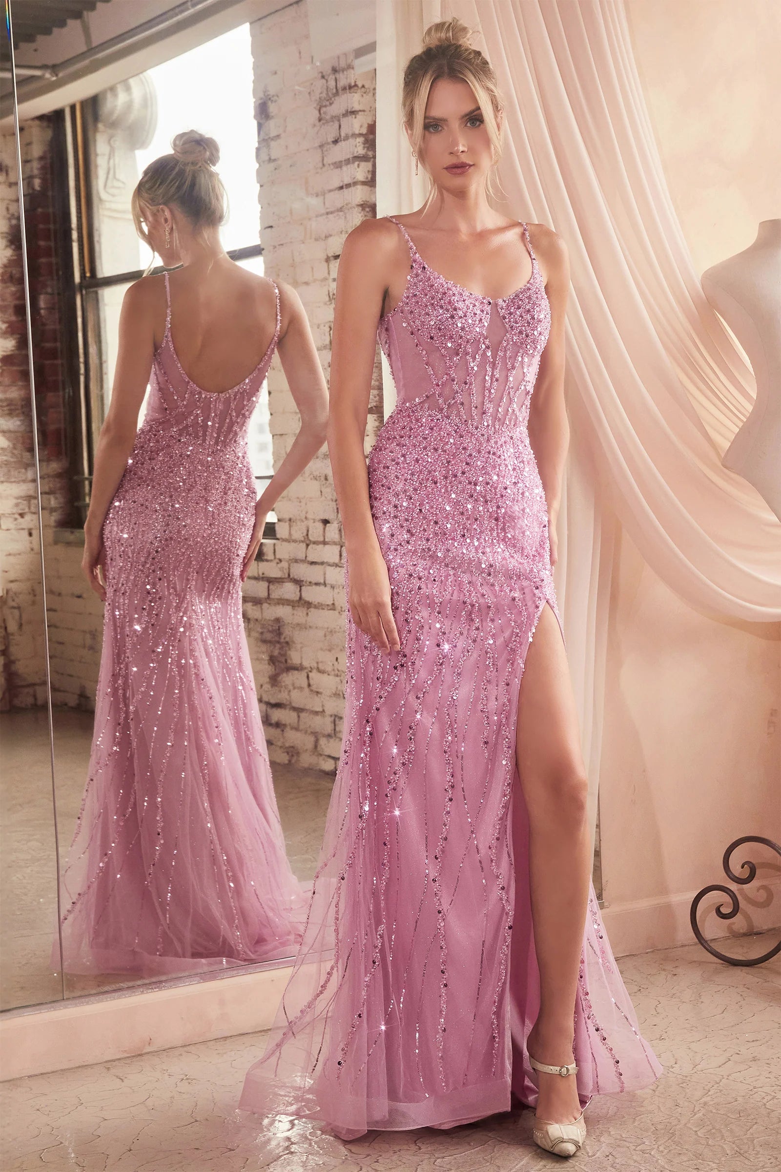 Ladivine CD0220 Sheer Sequin Corset Prom Dress Beaded Scoop neck Slit Formal Gown 14 / Blossom Pink