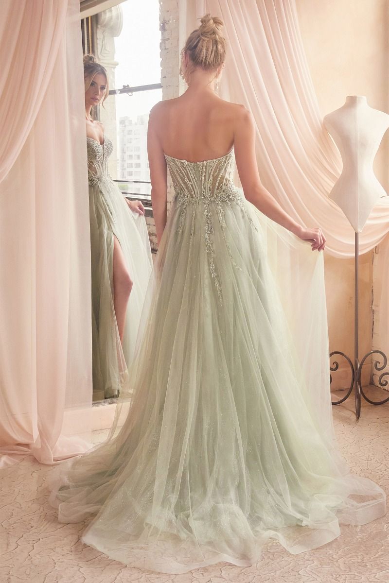 Ladivine CD0230 Size 18 Emerald Beaded Sheer Corset A Line Maxi Slit Prom Dress Shimmer Ballgown Formal