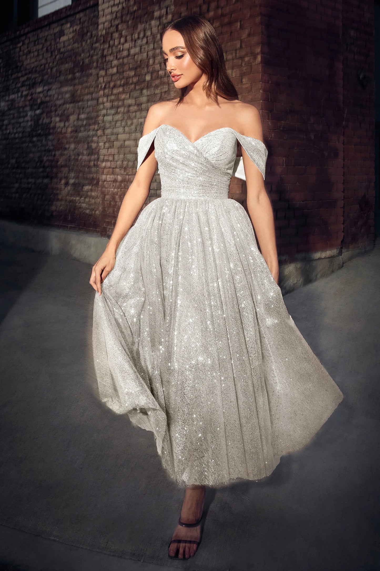 Ladivine CD869W Tea Length off the shoulder glitter Reception Cocktail Dress Formal Sweetheart Every bride-to-be should be able to express her style and beauty while also looking elegant and sophisticated on her special day.  This show-stopping piece features a tea length silhouette, an off the shoulder bodice with an alluring sweetheart neckline, and glitter flocked fabric that twinkles in the light - perfect for an engagement, elopement, or rehearsal dinner dress.  Cinderella Divine
