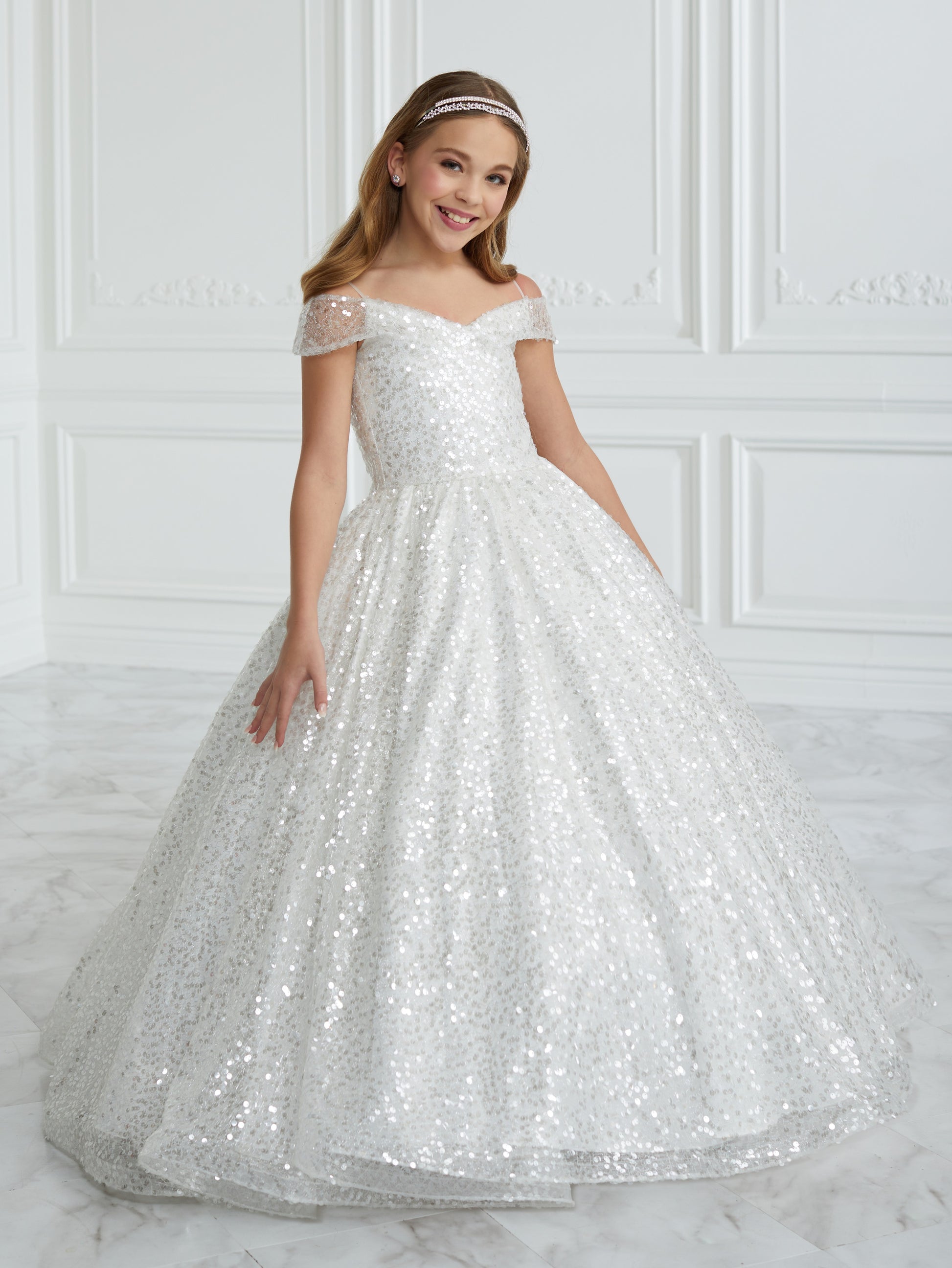 Tiffany Princess 13679 Girls Sequin Pageant Dress off the Shoulder Ball Gown Cinderella Formal