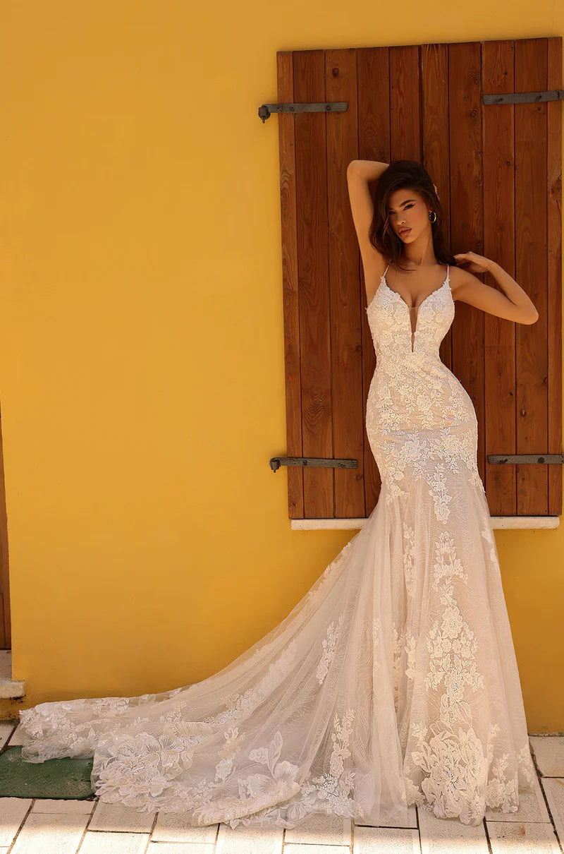 Amarra Bridal 84210 "Carmen" Mermaid Plunging Neckline Floral Embroidered Spaghetti Strap Train Wedding Gown. Comfort and confidence - all in one. As you slip into Carmen, you will discover that this gown is more than a mere work of art - it is an embodiment of pure comfort. This mesmerizing wedding dress accentuates your curves in all the right places.