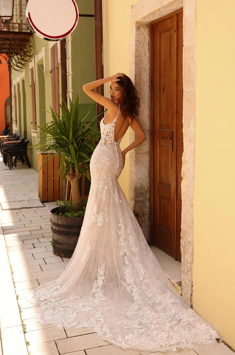 Amarra Bridal 84210 "Carmen" Mermaid Plunging Neckline Floral Embroidered Spaghetti Strap Train Wedding Gown. Comfort and confidence - all in one. As you slip into Carmen, you will discover that this gown is more than a mere work of art - it is an embodiment of pure comfort. This mesmerizing wedding dress accentuates your curves in all the right places.